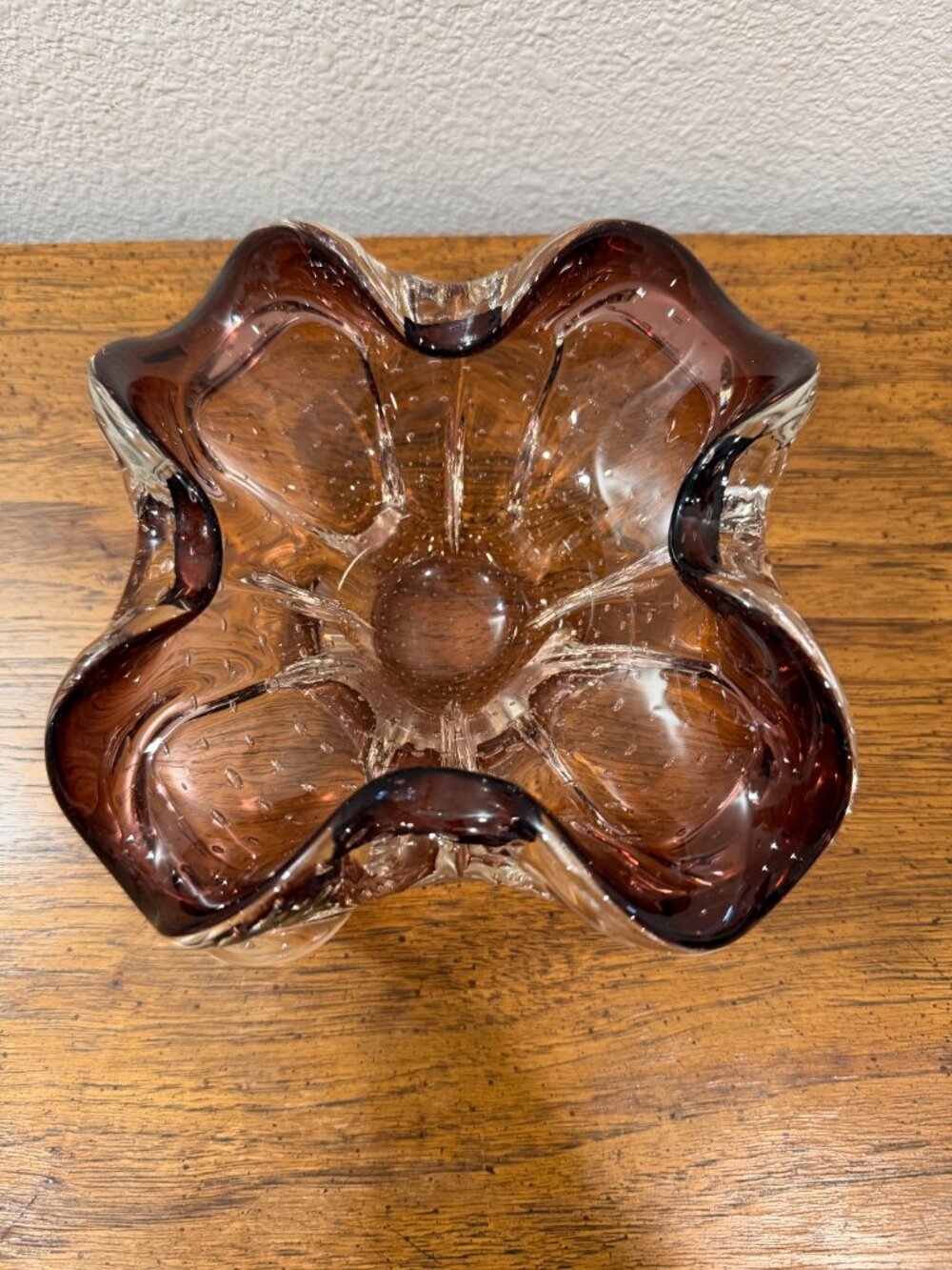 Vintage Murano Style Hand Blown Amethyst Bullicante Art Glass Flower Bowl